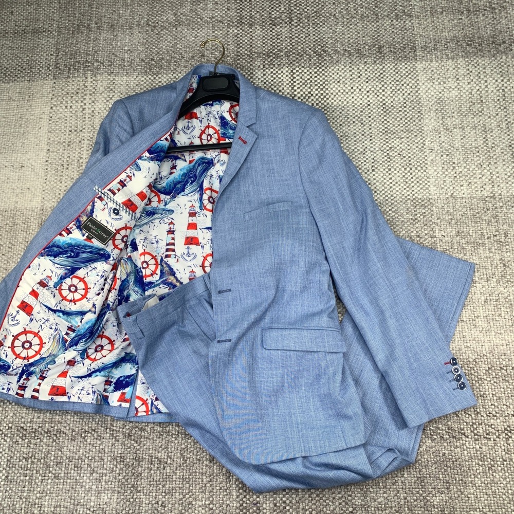 Paisley & Gray Suit Mens 44R Light Blue Slim Fit Nautical Whale Print 38W 32L